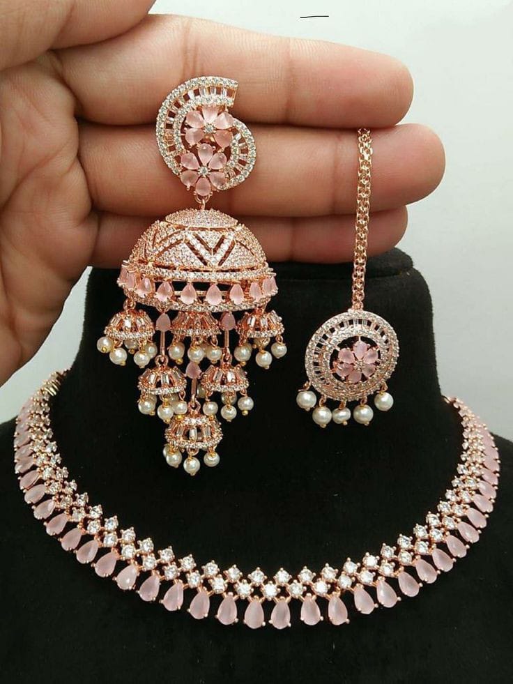 Exquisite Designer AD Stone Necklace Set with Earrings & Mangteeka