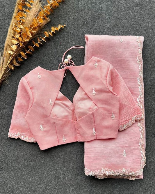 Handwork Pink Saree With Blouse